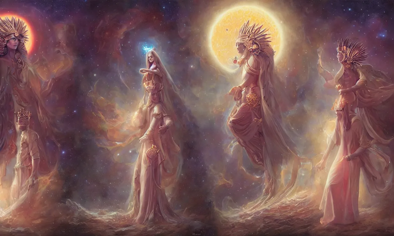 Image similar to sun king and moon queen in the cosmic court of mystical astronomy, art by tom bagshaw and marc simonetti