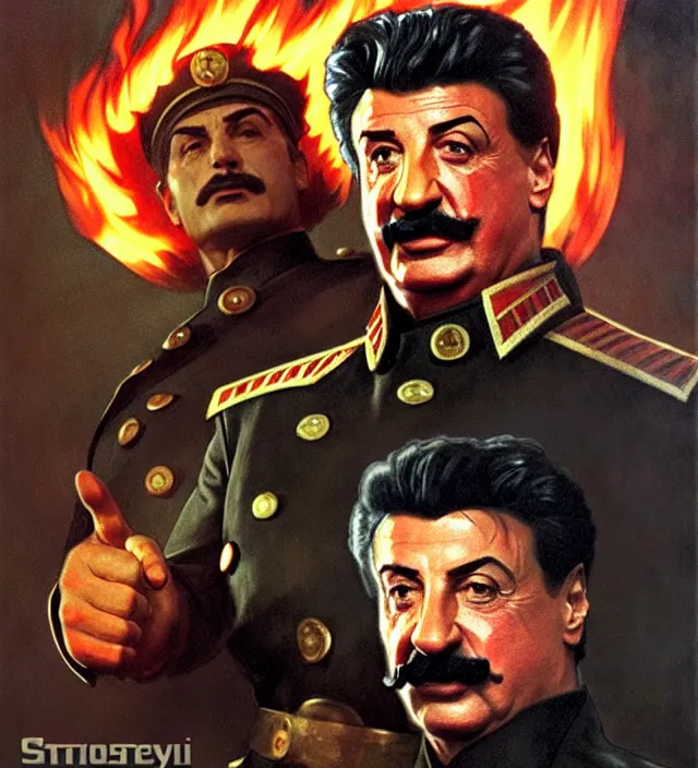 Prompt: sylvester stallone as stalin on fire,, cinematic, by greg rutowski, by greg rutkowski, by stanley artgerm, by alphonse mucha