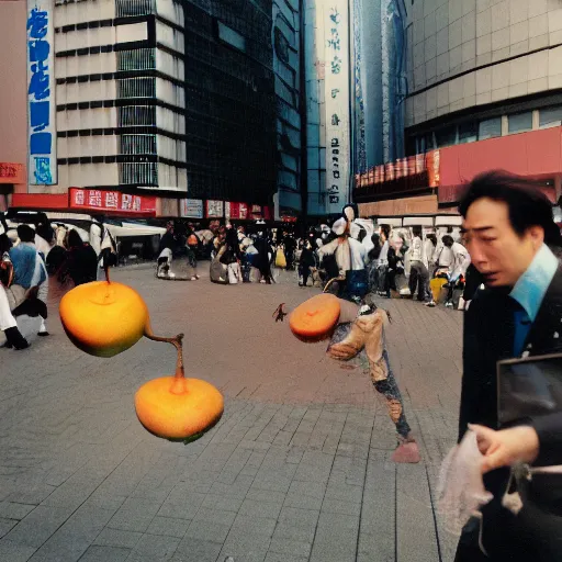 Prompt: a demonic mango attacks downtown tokyo, color photo 3 5 mm, trending, street level view