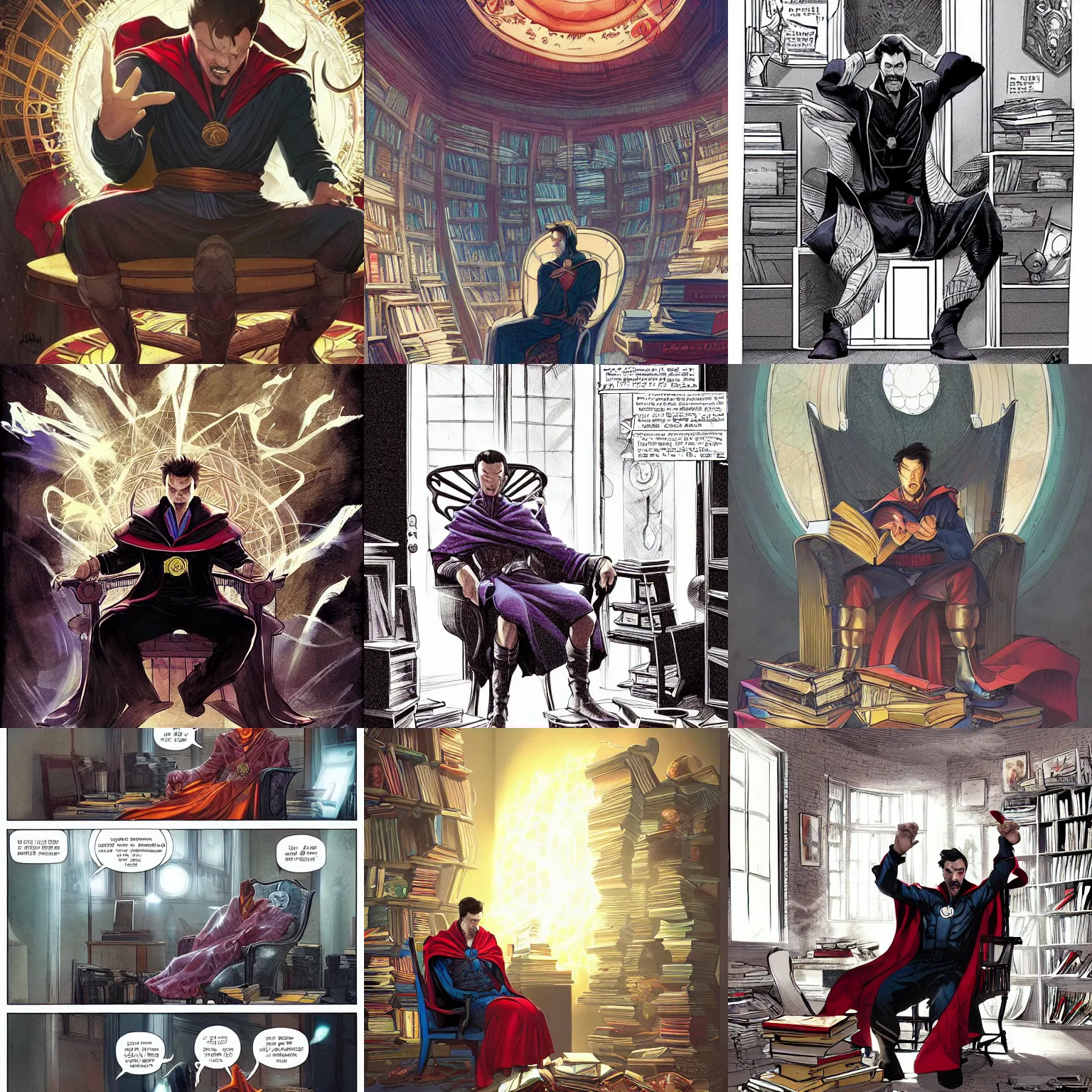 Prompt: dr strange sitting alone in his room in a large chair, books messy about the room, sad, somber, by Stanley Artgerm Lau, Ross Tran, James Jean, Andrei Riabovitchevt