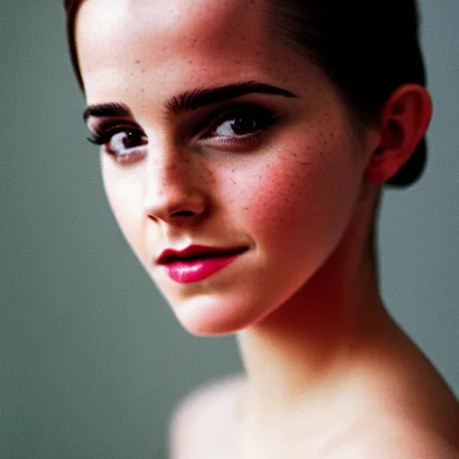 Image similar to elegant portrait of emma watson looking at the camera, pinup, boudoir, 35mm film, Porta 400, f/1.8 portrait