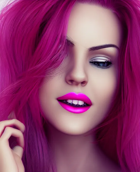 Image similar to ultra realistic portrait of a hot woman, colorful hair, pink lips, gorgeous smile, stunning, hottest, 8K resolution, 3D, Octan render,