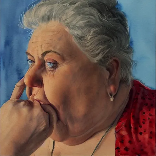 Prompt: a very funny realistic style watercolor painting of a sweet fat old woman kissing her reflection. symmetrical face, red mouth, blue eyes. a flowered dress. a hyper - realistic scene. 3 d, octane processing, deep focus, white scene. a very funny and sweet picture. unreal engine. watercolor. fellini cinematic style. poster quality. freud painting style