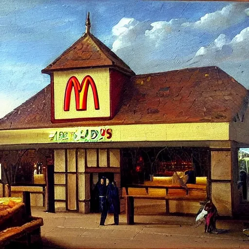 Image similar to oil painting of 1 5 th century mcdonalds restaurant