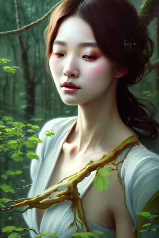 Image similar to beautiful digital painting of a hoyeon jung as a stylish female forest with high detail, 8 k, stunning detail, works by artgerm, greg rutkowski and alphonse mucha, unreal engine 5, 4 k uhd