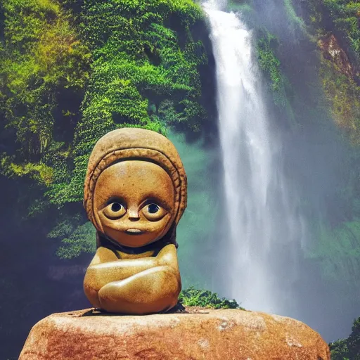 Prompt: Maya stone statue of an alien in front of a beautiful valley with a waterfall in the jungle, award winning photography, 8k