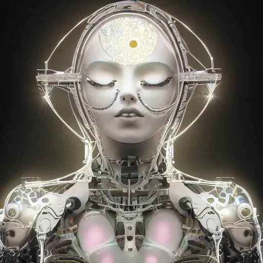 Image similar to beautiful Fine art photo of enraptured young Christine Richters as a solarpunk robotic goddess, white mechanical parts with led lights, photorealistic, centered, highly detailed and intricate, sun lighting, 8k