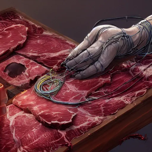 Image similar to , meat box with wires sticking out, a computer made out of flesh, computer made out of human flesh, skin on the gaming pc, personal computer horror, server, electronic, skinned alive, blood, teeth, intricate, highly detailed, digital painting, artstation, concept art, smooth, sharp focus, illustration,