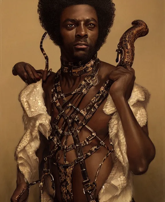 Image similar to a dark skinned man wearing an intricate and detailed inticate suspenders set, wrapped in a python, honey birdette, realistic renaissance portrait, highly detailed, digital painting, artstation, concept art, smooth, sharp focus, cinematic lighting, art by john collier, artgerm and greg rutkowski and alphonse mucha and jacques louis david