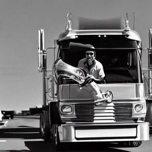 Prompt: 7 0's b - move scene the musical trucker, a trucker playing the saxophone inside his big rig as it drives off the side of a highway