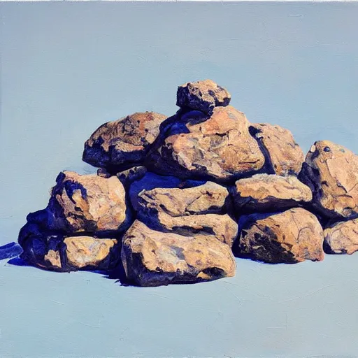 Prompt: a painting of a pile of rocks on a blue background, an ultrafine detailed painting by julian schnabel, polycount, arte povera, academic art, oil on canvas, artwork