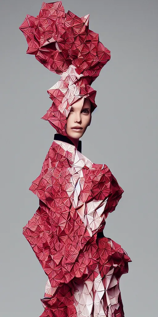 Image similar to portrait of a beautiful model wearing origami themed paper flower and geometric shapes haute couture by issey miyake