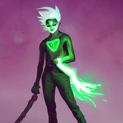 Prompt: Young Danny phantom with glowing green eyes and sharp teeth fangs alt art fashion punk, art by WLOP and Charlie Bowater and WLOP and Mark Arian and Ross Tran + neon colors, symmetry,A digital matte intricate illustration concept art , intricate complexity, epic composition, magical atmosphere, highly detailed, cinematic lighting + masterpiece, trending on artstation + 8k