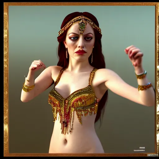 Image similar to a photorealistic portrait of actress emma stone dressed as a belly dancer, arabian night, volumetric lightening, octane render, high quality, fully detailed, 4 k, in focus sharp face with fine details, her hands by albrecht durer, inspired by belly dancer on youtube, alphonse mucha, masterpiece, stunning