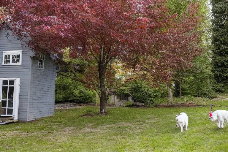 Image similar to the sour, dour, angry lady is walking her three tiny white dogs on leashes outside her green house. the old lady, glaring at the camera, exudes unpleasantness. the old lady shuffles around, looking down. she has gray hair. she is wearing a long gray cardigan and dark pants. large norway maple tree in foreground.