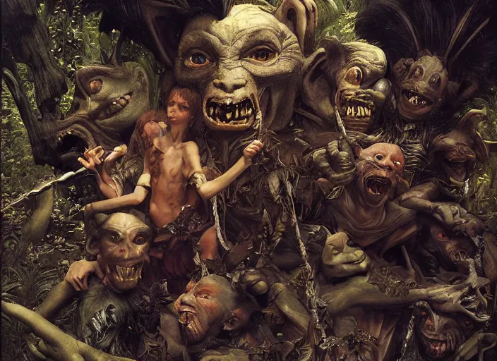 Prompt: goblins from the movie labyrinth by edgar maxence and caravaggio and michael whelan and delacroix style, artistic, intricate painting, cinematic lighting, hyper realistic, extremely detailed, establishing shot, 8 k resolution, dramatic lighting