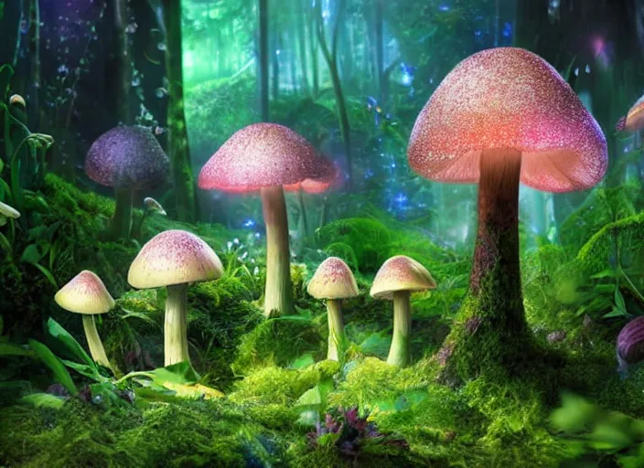 Image similar to glowing delicate flower and mushrooms that grow in a dark fatansy forest on the planet Pandora,