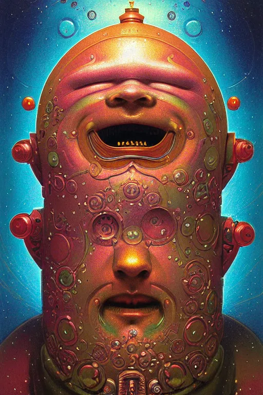 Prompt: joyous robot gnome face, reaching nirvana, goofy, silly, dmt, large metal mustache, muted colors, benevolent, nebula background, glowing eyes, detailed realistic surreal retro gnome in full regal attire. face portrait. art nouveau, visionary, baroque, giant fractal details. vertical symmetry by zdzisław beksinski, highly detailed, realistic