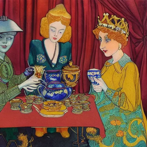 Prompt: detailed Ivan Bilibin and Edmund Dulac and James Jean inspired painting of mech robots having tea with the queen of England in 1953.