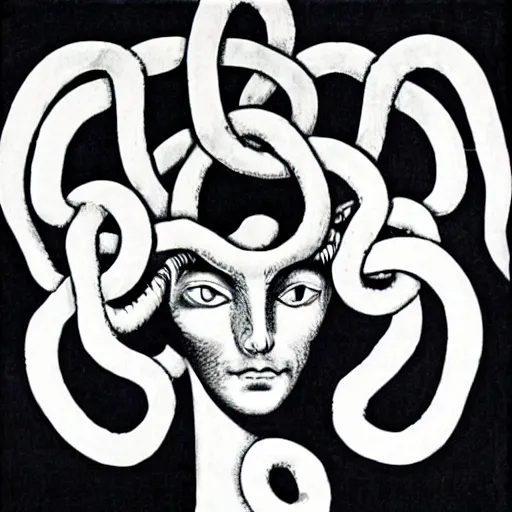 Image similar to Medusa by M.C. Escher, black and white stencil