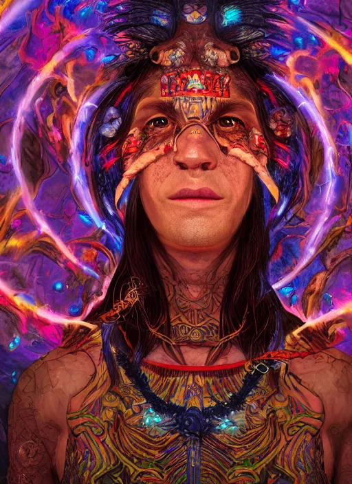 Image similar to An epic fantasy comic book style portrait painting of a wild- eyed shaman tripping on Ayahuasca, Shipibo textile patterns made of lasers, fisheye lens, unreal 5, DAZ, hyperrealistic, octane render, cosplay, RPG portrait, dynamic lighting