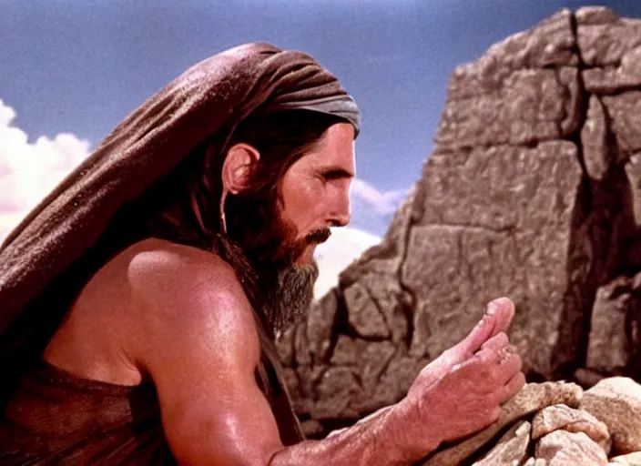 Image similar to film still of Christian Bale as Moses in The Ten Commandments 1956