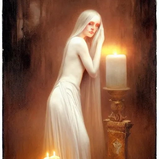 Prompt: pale young ghost girl, by tom bagshaw, by gaston bussiere, by jean deville, candlelight