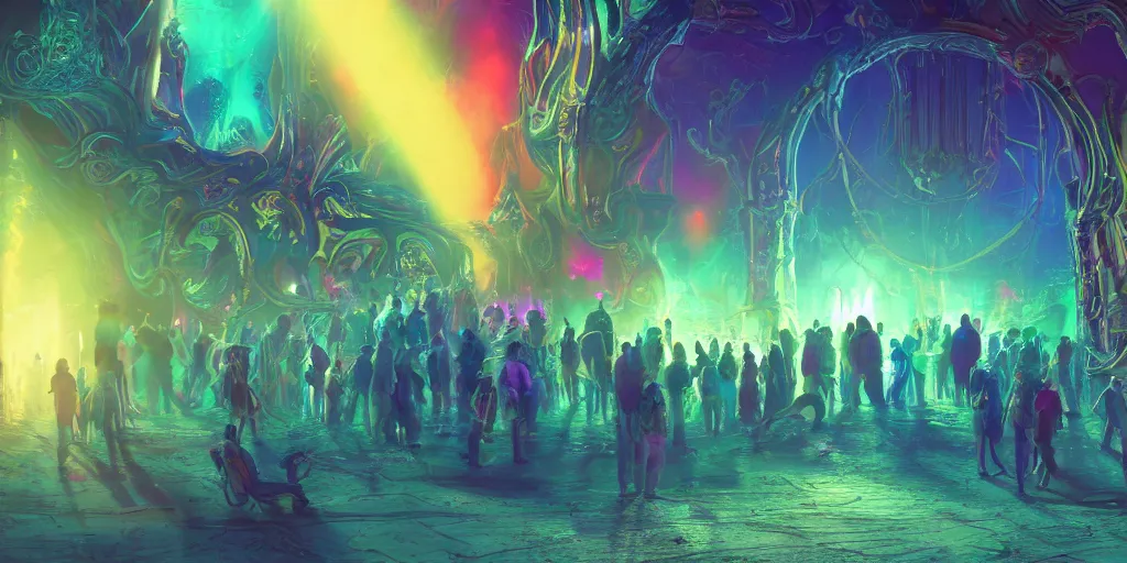 Prompt: [ palate ] [ vibrant colors ] alien souls congregating and waiting in line at a giant iron gate, vibrant neon nebulous clouds, radiant light rays, photorealistic illustration, intricate and fine details, volumetric lighting, artstation, god figure at the gate