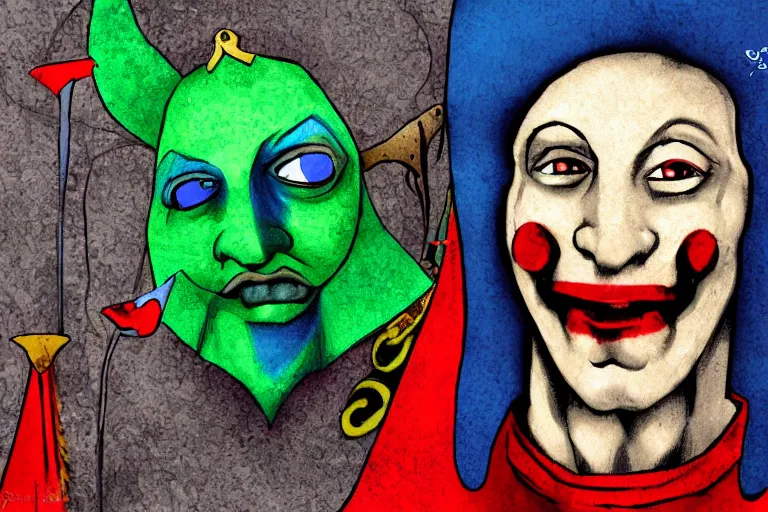 Image similar to medieval jester, colorful, sinister, digital art,