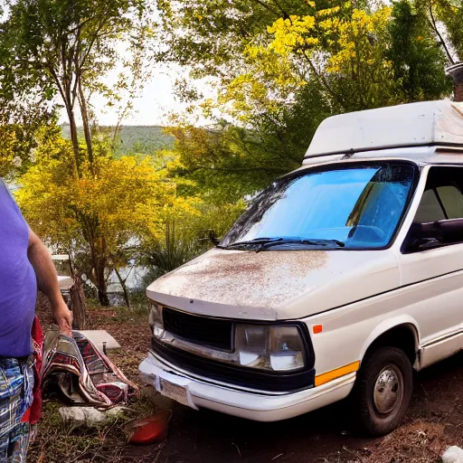 Prompt: Matt Foley living in a van down by the River, MV-CH1510, ISO100, f/8, 1/125, 84mm, RAW Dual Pixel, Dolby Vision, Adobe