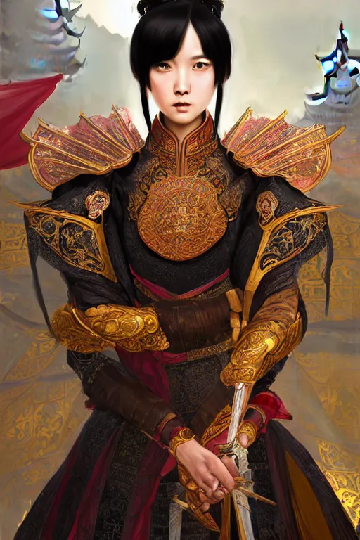 Image similar to portrait black hair young knights of Dynasty Warriors girl, rose golden color armor, in ruin chinese palace rooftop sunrise, ssci-fi and fantasy, intricate and very beautiful and elegant, highly detailed, digital painting, soft light, artstation, concept art, smooth and sharp focus, illustration, art by tian zi and WLOP and alphonse mucha