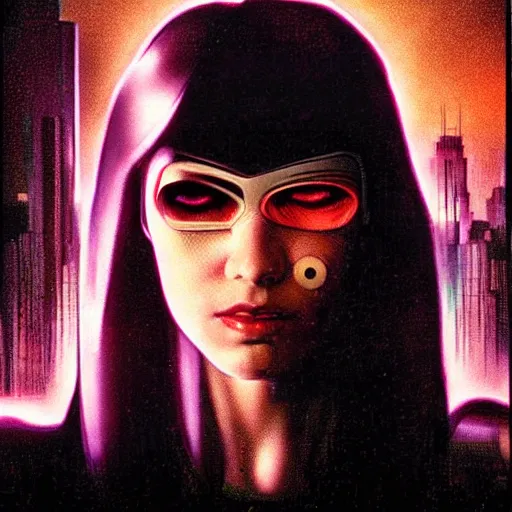 Image similar to Cyberpunk woman with eye implants, city, sunset, night, moon, buildings, portrait shot, illustration, poster art by Drew Struzan