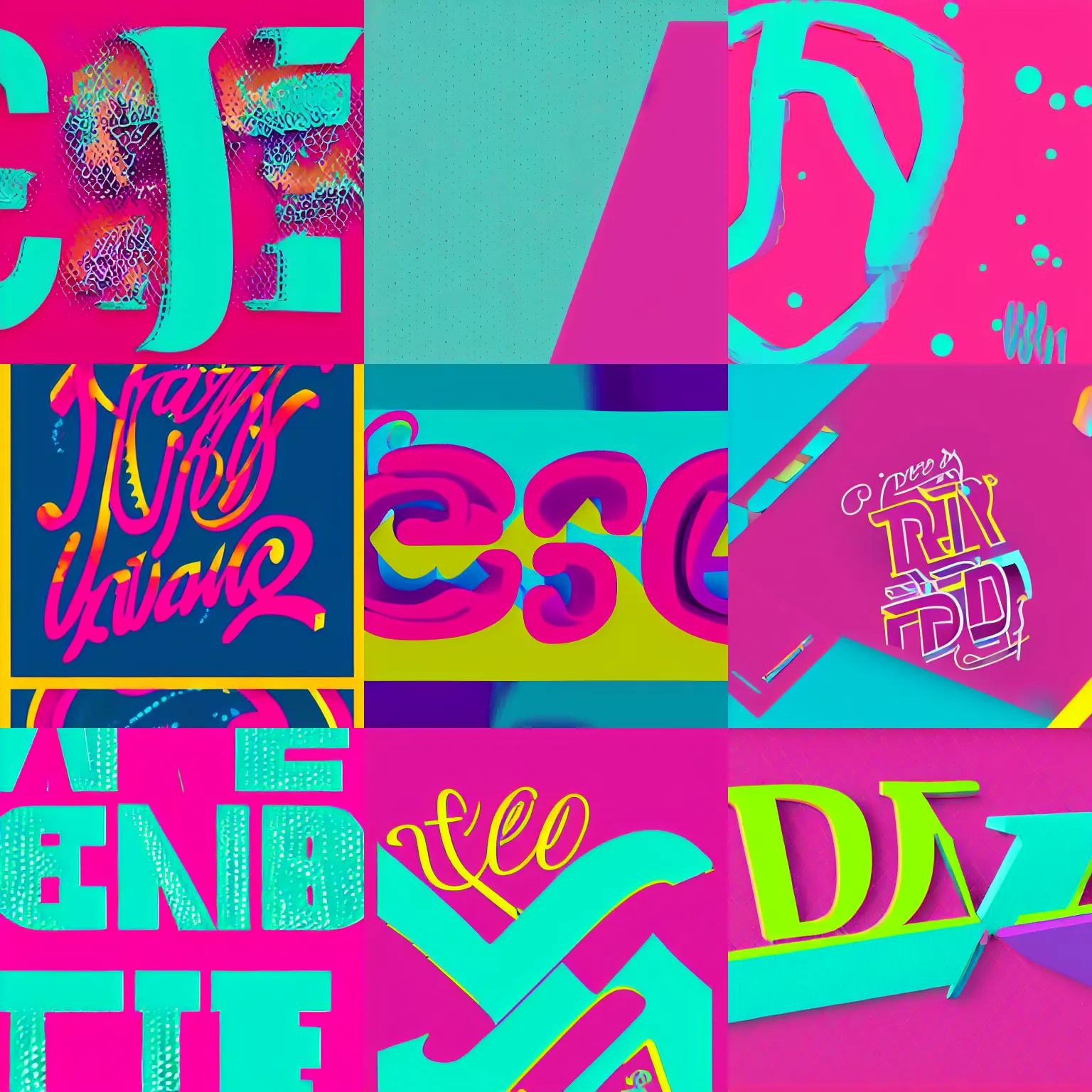 Prompt: typographic text for FREDDIE!, magenta and cyan lettering, bright colors, typography graphic design