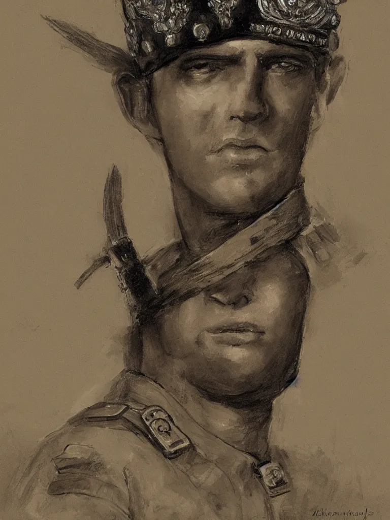 Image similar to portrait of a soldier wearing a crown by michelsngelo