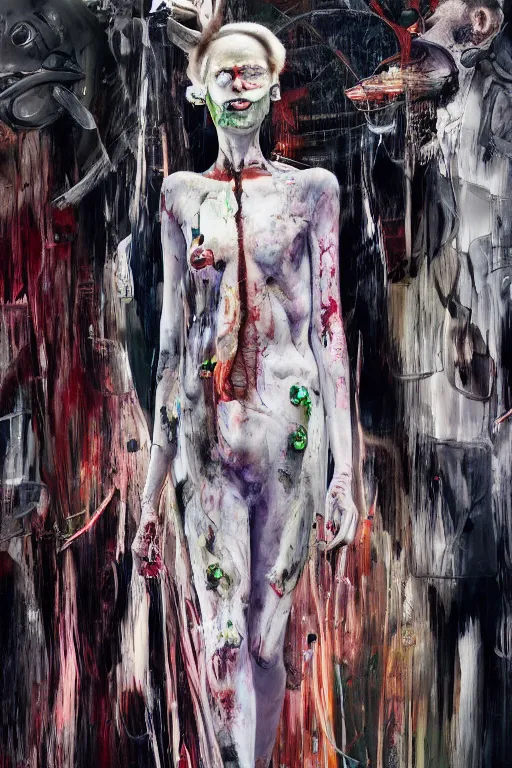 Prompt: crazy fashion catwalk, one model, crazy clothes, biopunk style, horror, hauntingly surreal, highly detailed painting by francis bacon, edward hopper, adrian ghenie, gerhard richter, and james jean soft light 4 k,