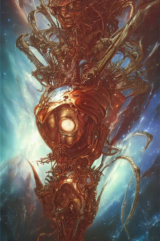 Image similar to now is the time to relaunch the dream weapon, by artgerm and yoshitaka amano and moebius and hr giger and zdislaw beksinski, hyperdetailed, surreal, dc comics, ornate, stunning, nebula, explosions in the sky, trending on artstation