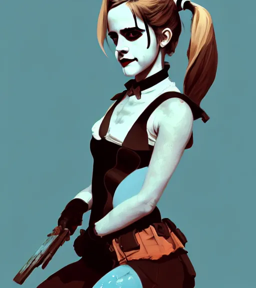 Prompt: portrait of emma watson as harley quinn by atey ghailan, by greg rutkowski, by greg tocchini, by james gilleard, by joe fenton, by kaethe butcher, dynamic lighting, gradient light blue, brown, blonde cream and white color scheme, grunge aesthetic