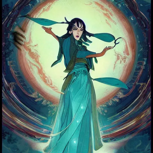 Prompt: a beautiful tarot card of sona with teal colored hair with deep red highlights as a jedi, space fantasy, in the style of magic the gathering, intricate, elegant, highly detailed, digital painting, artstation, concept art, matte, sharp focus, illustration, art by hokusai and jeong seon