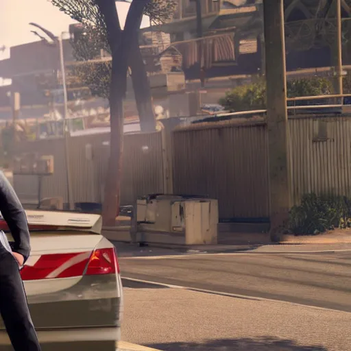 Image similar to martin freeman in gta v, looking confused, a car exploding in the background. unreal engine 4 render 4 k