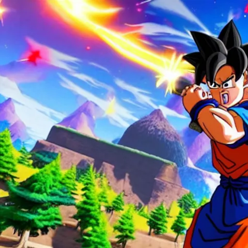 Image similar to still of goku holding a rocket launcher from fortnite