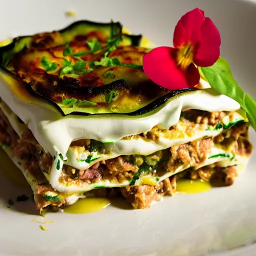 Prompt: zucchini lasagna filled with ground chicken, ras el hanut creme fraiche, topped with camembert cheese and edible flowers, michelin starred restaurant, food photography