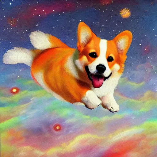 Prompt: happy corgi dog flying through cosmos, art painting