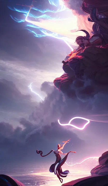 Image similar to the god zeus, lightning, action, epic, sharp focus, digital art, concept art, dynamic lighting, character design by anna dittman, and rossdraws, environment design by jessica rossier