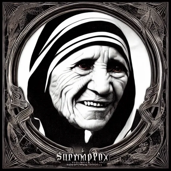 Prompt: symphony x album cover featuring photo of mother teresa, power metal album cover, trending on artstation, intricately detailed, highly detailed, classic, award winning