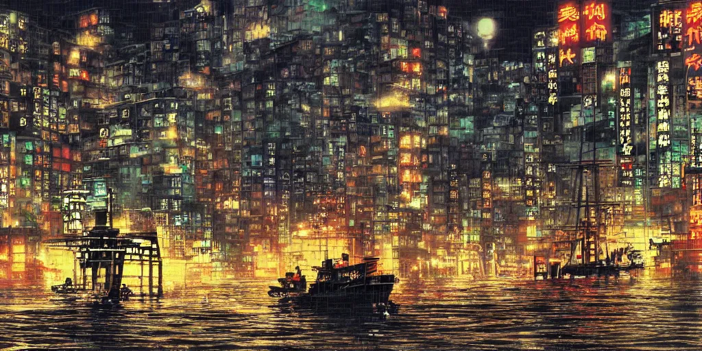 Prompt: cruiser sailing on flooded miniature kowloon city at night, raining, misty, art by yoshitaka amano, and artgerm, pixel art