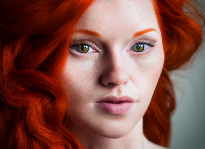 Image similar to 5 5 mm portrait photo of a redhead woman's face with ( intricate cat eyes )!!. highly detailed 8 k. intricate. lifelike. soft light. nikon d 8 5 0. cinematic post - processing