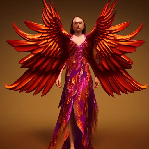 Image similar to a beautiful orchid phoenix angel woman, in an ornamented dress with large wings, photorealism, octane, unreal engine, volumetric light, god rays, 8 k high resolution, rubies