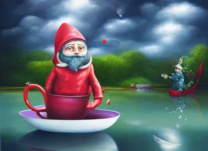 Image similar to a garden gnome sailing in a teacup, whimsical background of a reflective pond on a sunny day with dramatic clouds, an ultrafine detailed painting by mark ryden, trending on deviantart, pop surrealism, whimsical, lowbrow, joyous