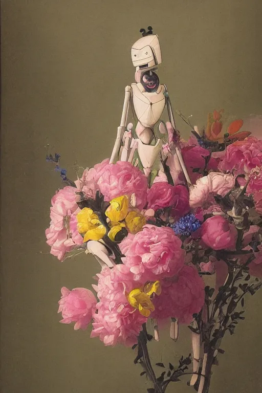 Image similar to a elegant anime robot with fluo color detail, and muted arm colors, that looks like a insect, on top of dutch master painting of flowers