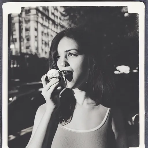 Prompt: a very beautiful picture of a young women eating ice cream in new york, polaroid, award winning photography